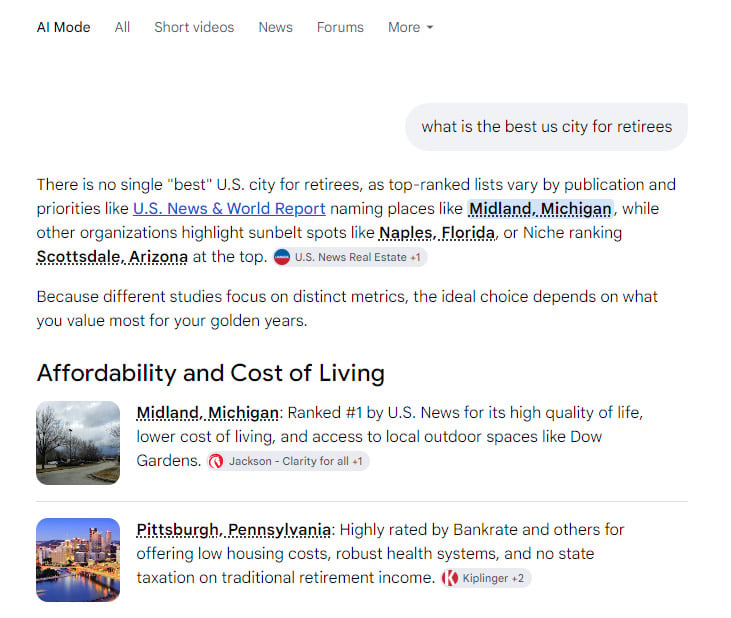 Screenshot of Google's AI Mode responding to a search query